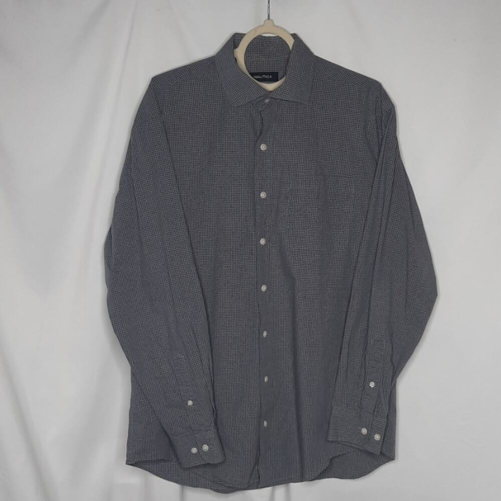 Nautica Mens Shirt Classic Fit Cotton Long Sleeve Button Up Gray Checkered